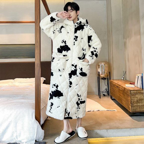 Winter Men's Quilted Cow Pajamas Thick Coral Fleece Bathrobe Homewear Nightgown - Image 5