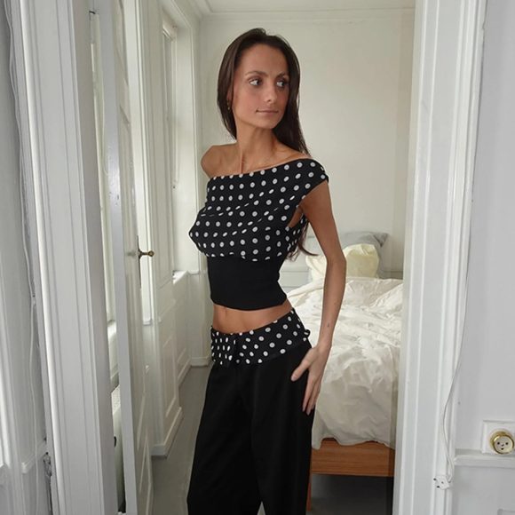 Sexy Patchwork Backless Lace-up Polka Dots Chiffon T-shirt - Image 2