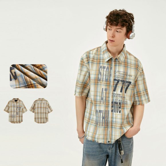 Printed Washed Tassel Short Sleeve Plaid Shirt - Image 10