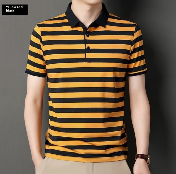 Summer Short-sleeved T-shirt Men's Cotton Ice Silk Polo Collar Stripes Youth Undershirt - Image 2