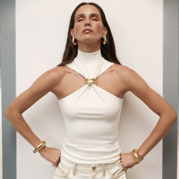 Gold Ring Sleeveless Cold-shoulder Stretch Top - Image 3