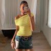 Personality Street Simple Graceful Solid Color Diagonal Collar Top For Women