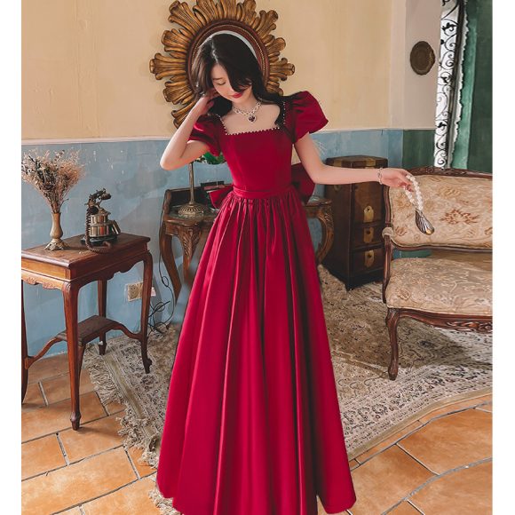 Winter Wine Red Engagement Daily French Princess On The Run Satin Dress - Image 4