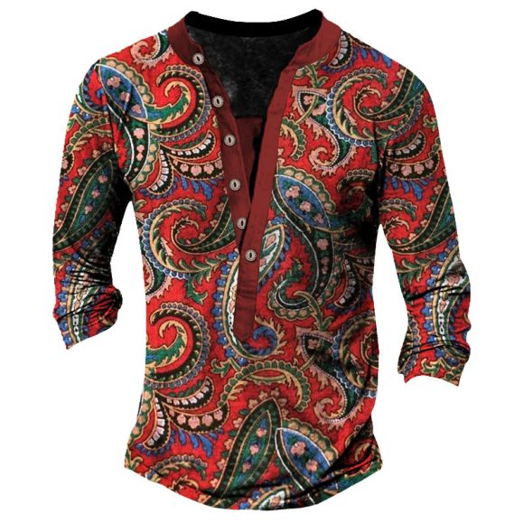 Printed Retro Fashion Casual Henry Neck Long Sleeves T-shirt - Image 7