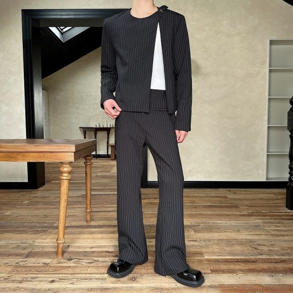Bootcut Casual Autumn Striped O-neck Short Suit Suit - Image 3