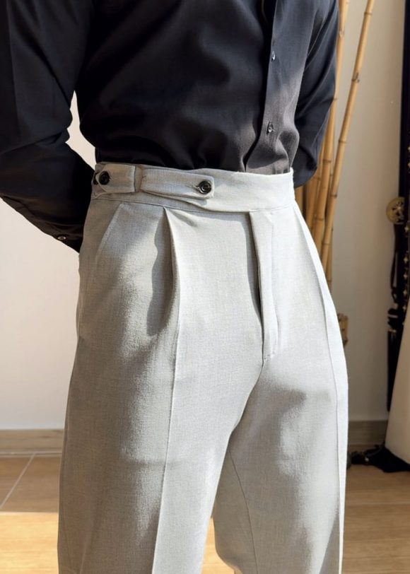 Italian Neapolitan Business Casual High Waist Paris Button Straight Leg Trousers - Image 3
