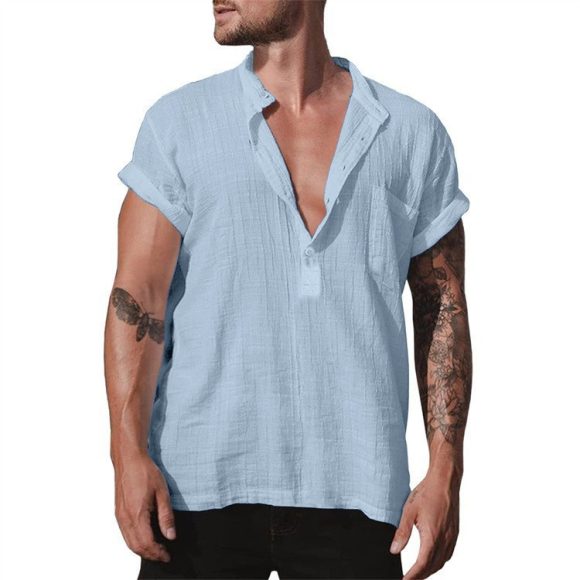Loose Stand Neck Solid Color Pocket Short Sleeve Shirt - Image 6