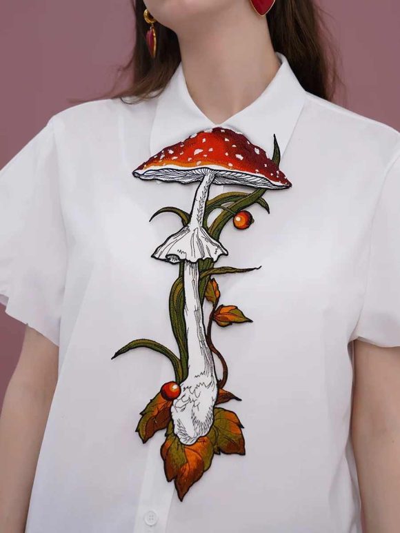 Knotless Machine Embroidery Vintage Mushroom Berry Tie For Women - Image 6