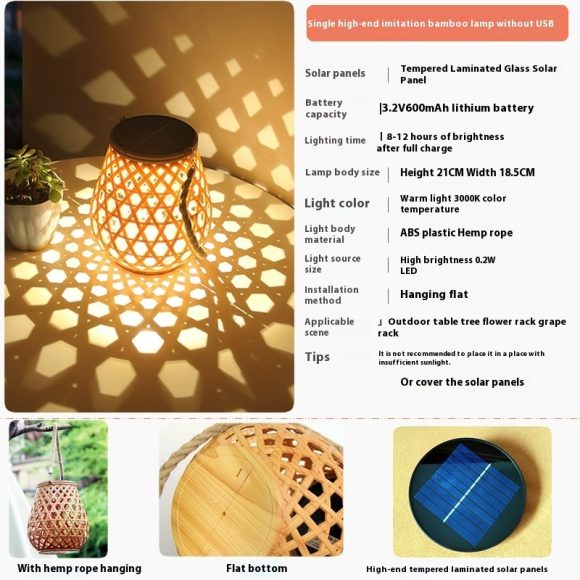 Outdoor Solar Lantern Lights Waterproof High Brightness Hanging Imitation Bamboo Weaving Hollowed Table Lamp Decoration - Image 3