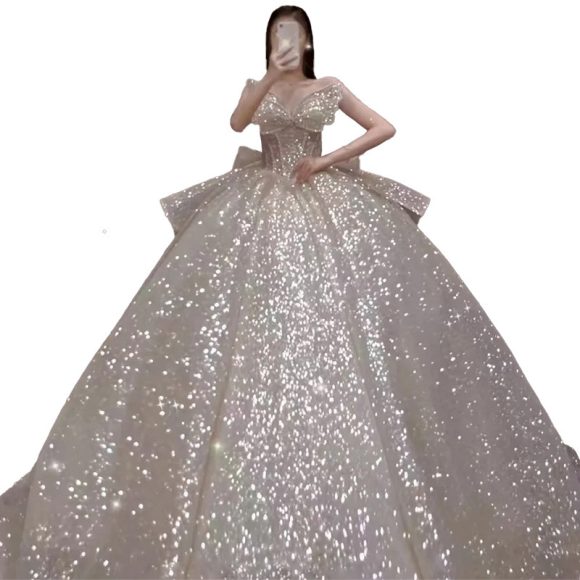 One-shoulder High-quality Long Trailing Heavy Industry Retro Wedding Dress - Image 2
