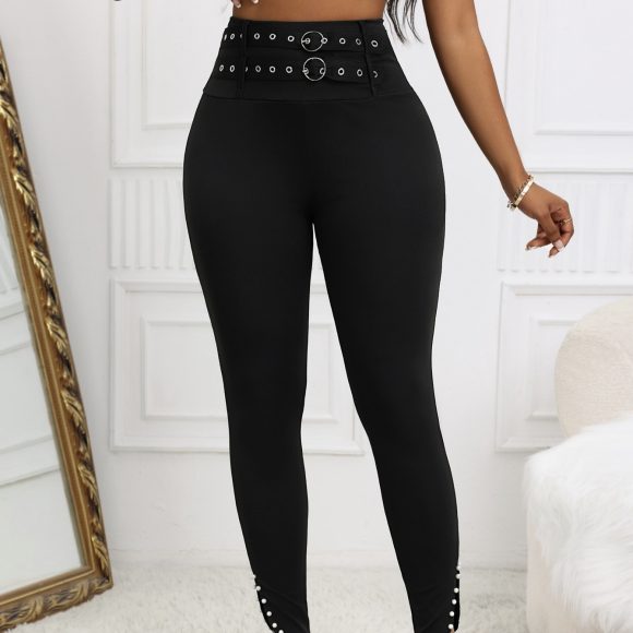 Ladies' Solid Color Casual Style Tight Fitting High Waist Slim Fit Slit Detail Pants Waist Ring Fake Belt Design Sense Tapered Pants - Image 2