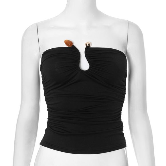 Solid Color Chest-wrapped Backless Pleated Agate T-shirt - Image 4