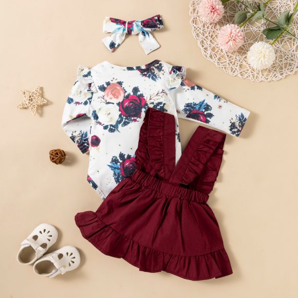 Printed Long-sleeved Baby Girl Romper Two-color Strap Ruffled Dress Headdress Three Pieces - Image 5