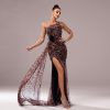 One-shoulder Diagonal Collar Leopard Sequined Evening Dress - Image 5