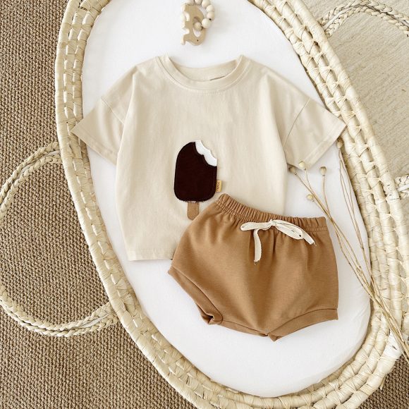 Girls' Casual Round Neck Cotton Ice Cream Patch Short Sleeve Shorts Suit - Image 6