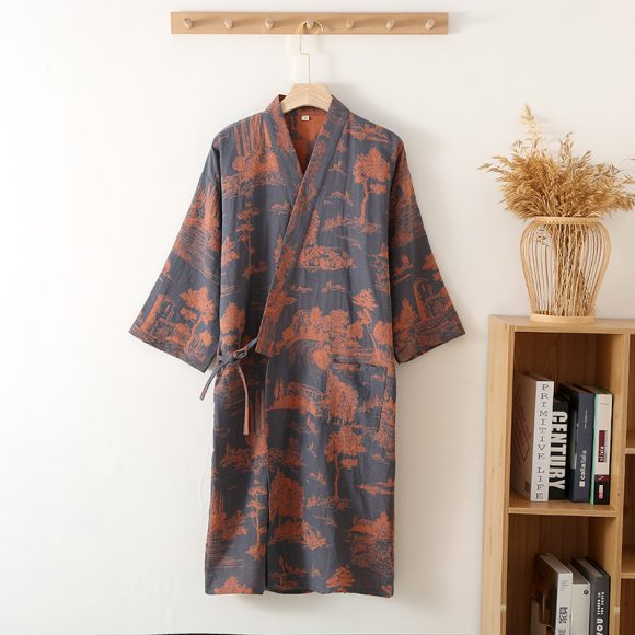 Men's Cotton Gauze Kimono Long Dress Bathrobe - Image 9