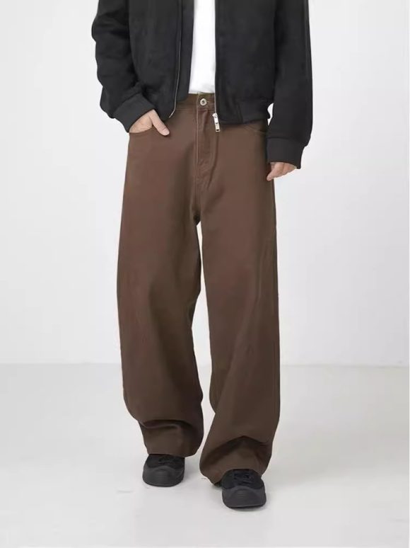 Washed Cotton Retro Brown Straight-leg Trousers - Image 3