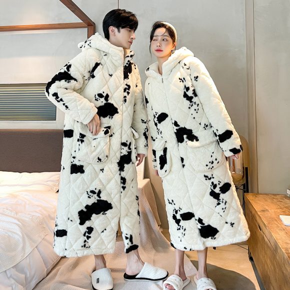 Winter Men's Quilted Cow Pajamas Thick Coral Fleece Bathrobe Homewear Nightgown - Image 8