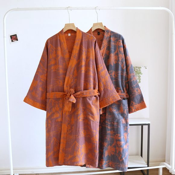 Couple Cotton Loose Bathrobe Lace Bathrobe Women's Double Jacquard Pajamas - Image 3
