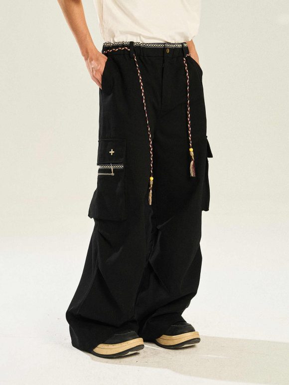 Ribbon Waist Strap Wide-leg Workwear Straight-leg Pants - Image 3