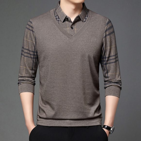 Fake Two-piece Lapel Long-sleeved Men's T-shirt - Image 8