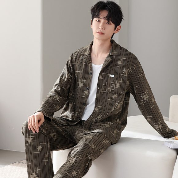 Men's Minimalist Pure Cotton Long Sleeved Home Suit Set - Image 2