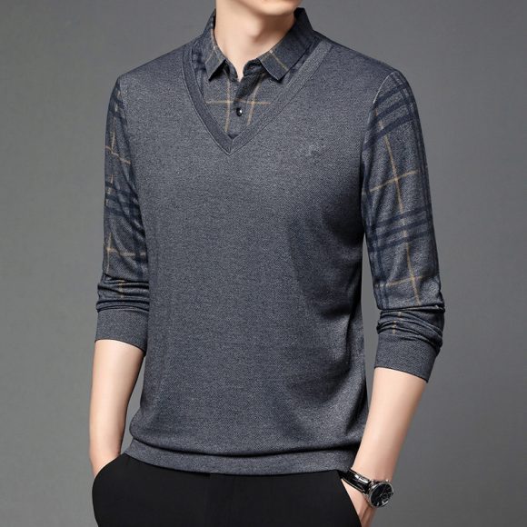 Fake Two-piece Lapel Long-sleeved Men's T-shirt - Image 10