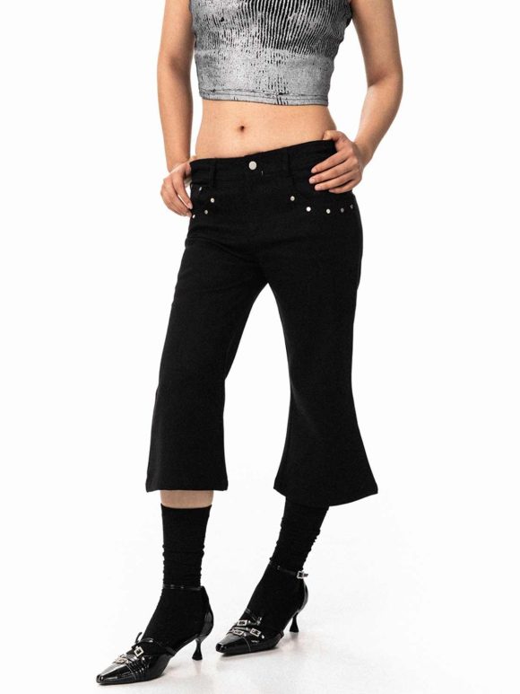Women's Black Rivet Skinny Jeans Loose Straight Flare Pants - Image 4