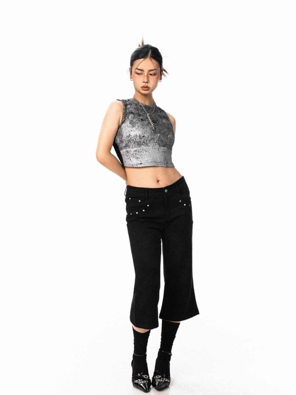 Women's Black Rivet Skinny Jeans Loose Straight Flare Pants - Image 5