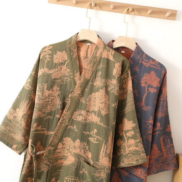 Men's Cotton Gauze Kimono Long Dress Bathrobe - Image 6
