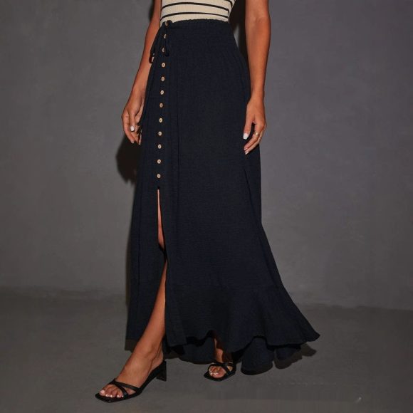 European And American Half-length Solid Color Lace-up Waist-slimming Long Dress - Image 5