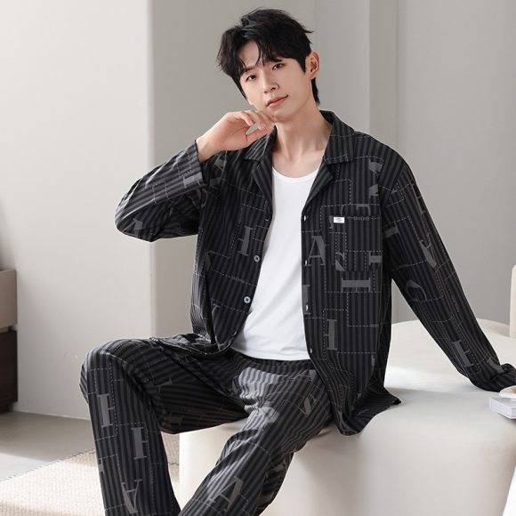 Men's Minimalist Pure Cotton Long Sleeved Home Suit Set - Image 7