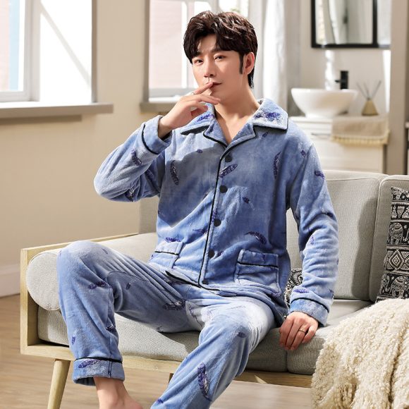 Autumn And Winter Flannel Men's Pajamas Men's Lapel Cardigan - Image 10