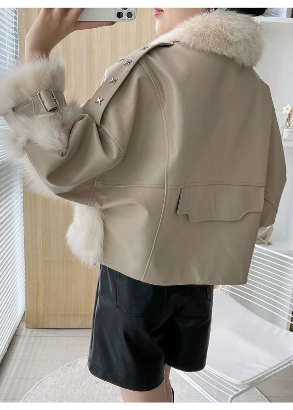Sense Fox Fur Stitching Leather Coat - Image 8