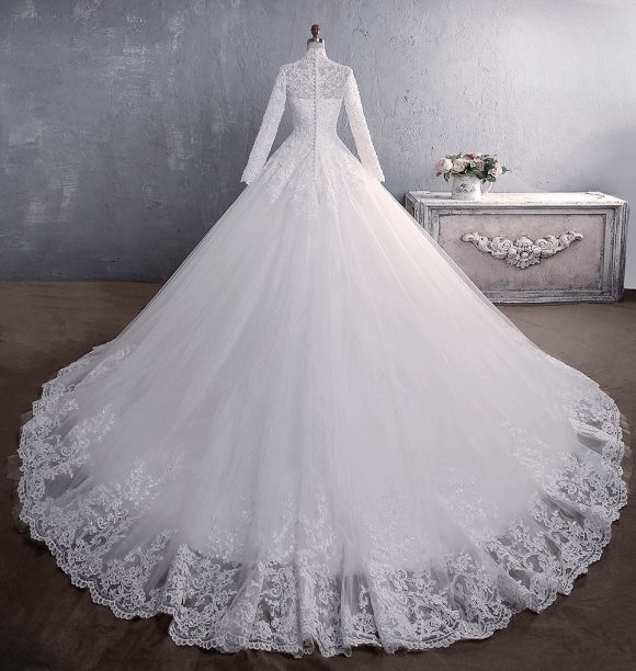 Lace Wedding Dress Bridal Stand-up Collar Long-sleeved Large Tail Large Size - Image 2