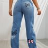 High Waisted Straight Leg Jeans For Women Trendy Butterfly Print Ripped Distressed Denim Pants - Image 7