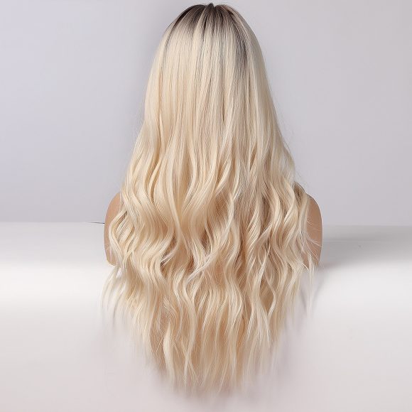 European And American Style Wig Female High-temperature Fiber Hair Brown Golden Gradient Medium Points Without Bangs Big Wave Curly Hair - Image 2