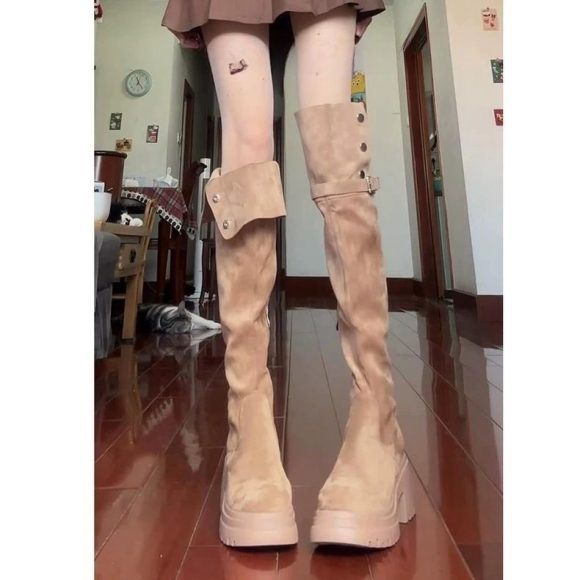 Thick Bottom Increased By Slim Fit Suede Knee-high Boots - Image 6