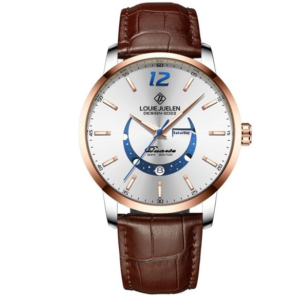 Master Moon Phase Luminous Waterproof Wrist Watch Men's Fashion Genuine Leather Strap Quartz Watch - Image 4