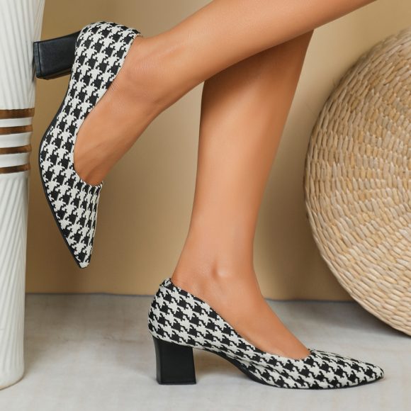 Houndstooth High Heels Women Low-cut Chunky Heel Shoes - Image 5