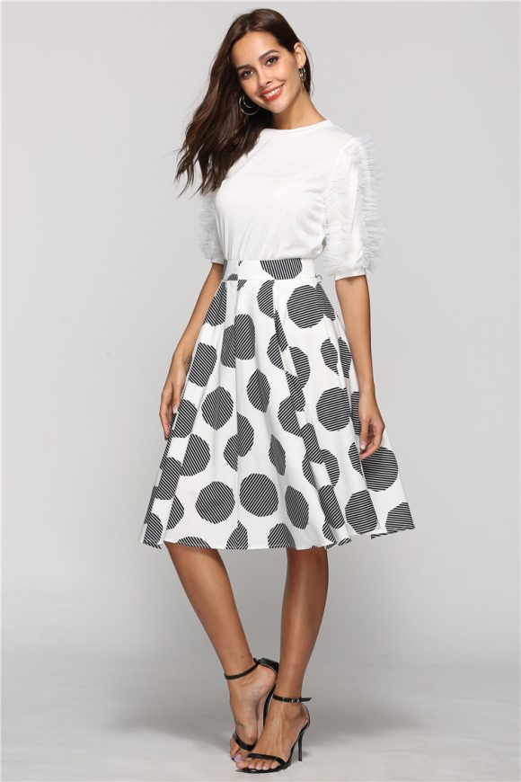 Large Polka Dot Round Slim Fit Mid-Length Skirt With Large Hem - Image 4