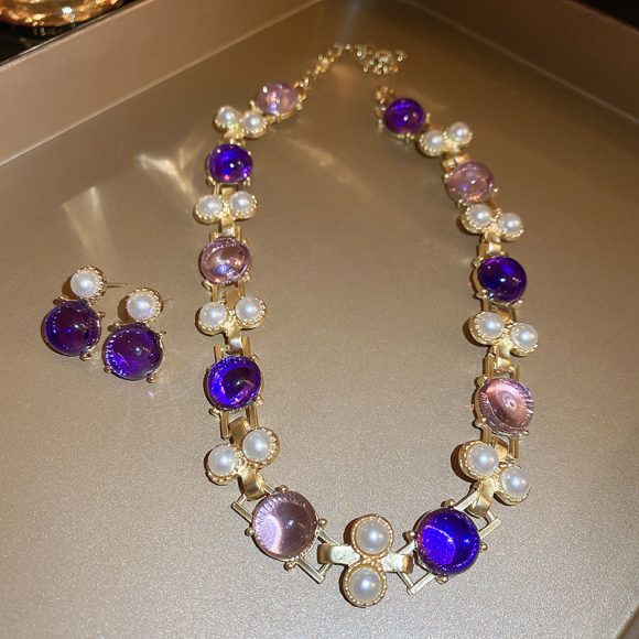 Silver Needle Pearl Round Studs Necklace Suit