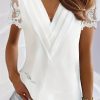 Contrast Lace Tucked Blouse, Casual V Neck Short Sleeve Blouse - Image 4