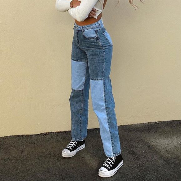 Contrasting Stitching High-rise Straight-leg Jeans Women - Image 2