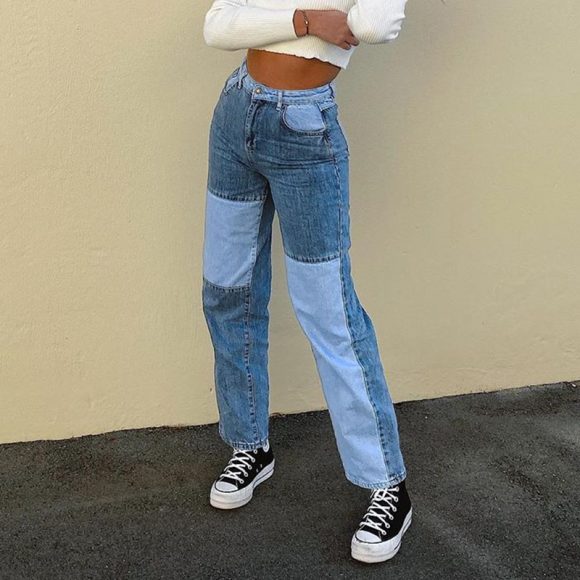 Contrasting Stitching High-rise Straight-leg Jeans Women - Image 9