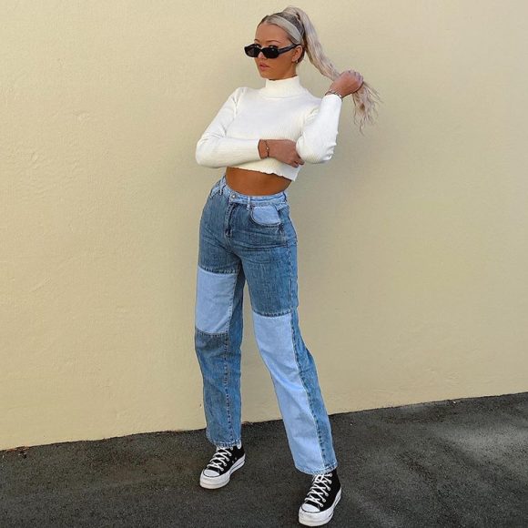 Contrasting Stitching High-rise Straight-leg Jeans Women - Image 7