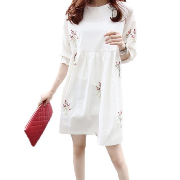 Korean Cotton And Linen Embroidery Maternity Dress And Nursing Clothes - Image 2
