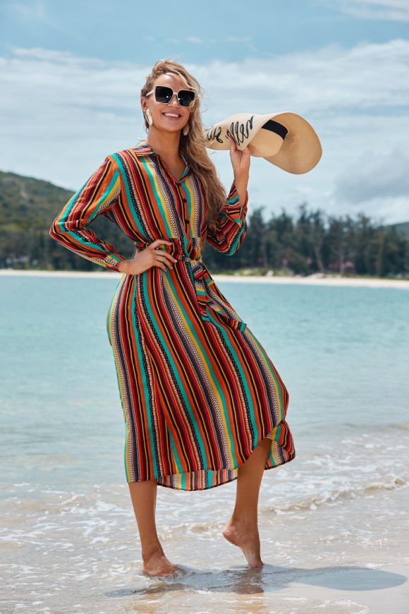 Cover The Flesh And Show The Thin Color Striped Beach Skirt Seaside Vacation Long-Sleeved Sun Protection Clothing Long Shirt Swimsuit Coverall Jacket - Image 2