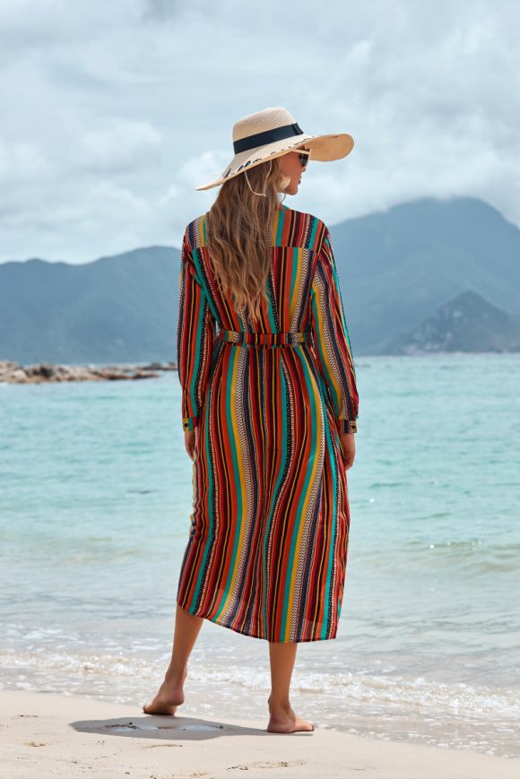 Cover The Flesh And Show The Thin Color Striped Beach Skirt Seaside Vacation Long-Sleeved Sun Protection Clothing Long Shirt Swimsuit Coverall Jacket - Image 3