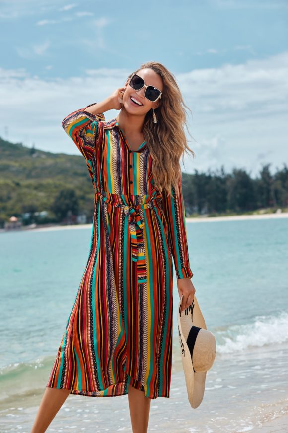 Cover The Flesh And Show The Thin Color Striped Beach Skirt Seaside Vacation Long-Sleeved Sun Protection Clothing Long Shirt Swimsuit Coverall Jacket - Image 5